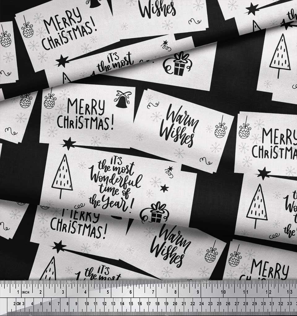 Soimoi Black Silk Fabric Tree & Merry Christmas Text Decor Fabric Printed Yard 42 Inch Wide