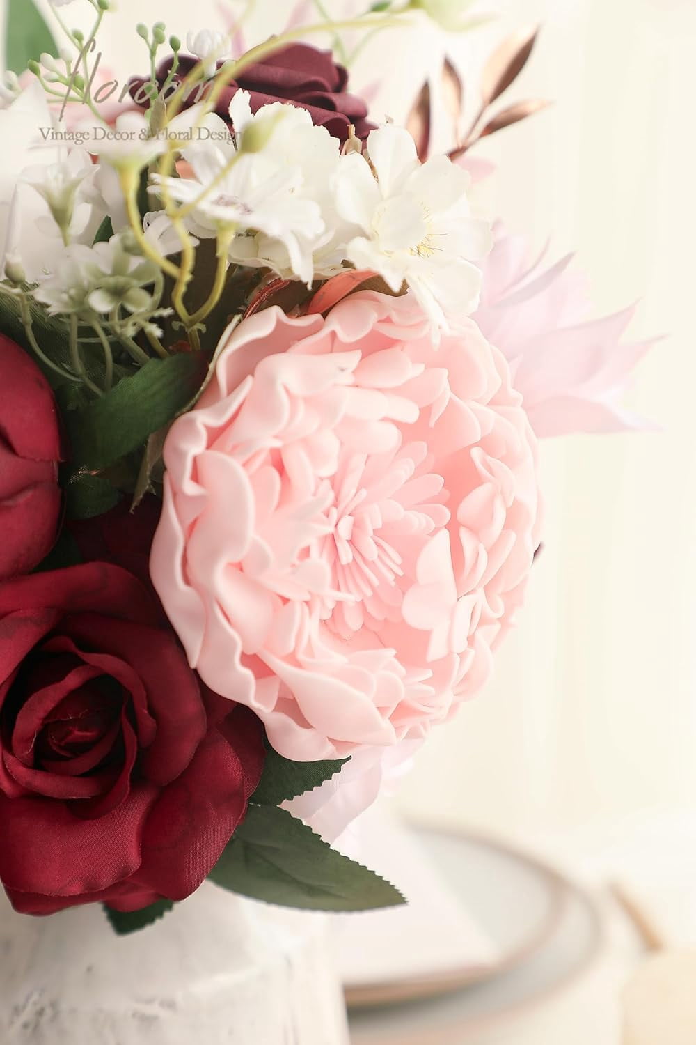 Artificial Flowers 16pcs 4" Burgundy Blooming Peonies Real Looking Foam Fake Roses with Stems for DIY Wedding Bouquet Dark Red Bridal Shower Centerpieces Floral Arrangements Tables Decorations
