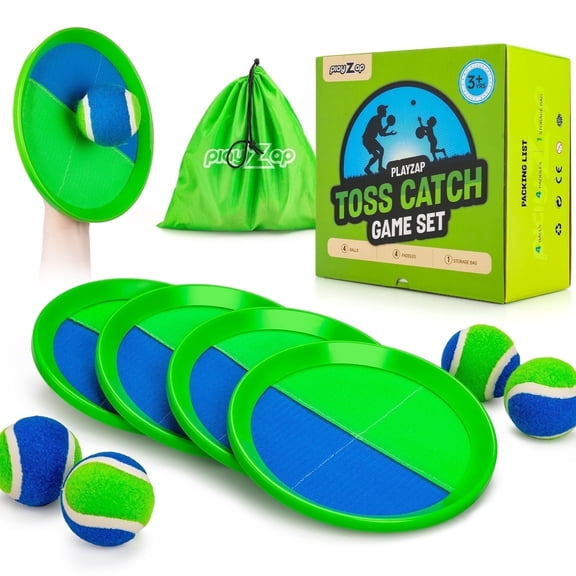 PLAYZAP Toss and Catch Ball Set - Outdoor Toys for Kids ages 3 4-8, Beach Toys Outside Yard Pool Lawn Games, Gifts for Boys Girls Adults Family - 4 Paddles 4 Sticky Balls(Upgraded)
