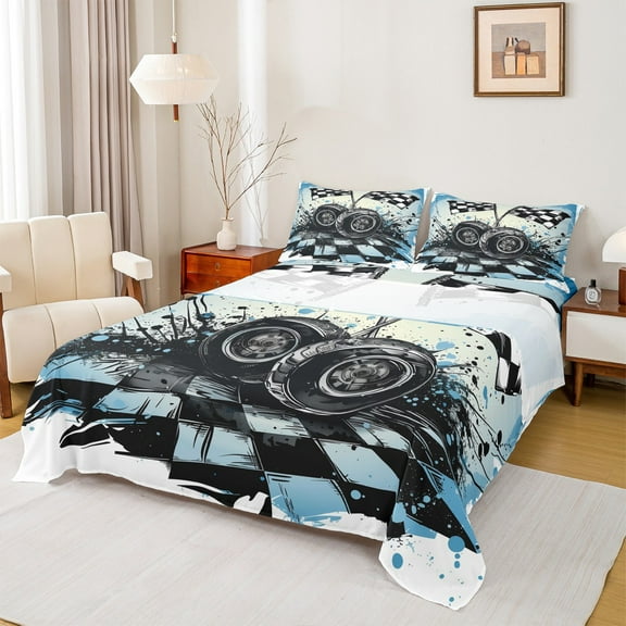 Feelyou Vintage Checkered Flag Twin Sheet Sets, Modern Sports Car Twin Fitted Sheet, Teen Boy Girl Kid Flat Sheet, Lightweight Room Decor, 3 Pieces