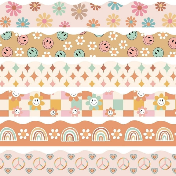 GuassLee Boho Bulletin Board Borders Retro Classroom Decorations, Groovy Decoration Strips Daisy Floral Rainbow Decor Colorful Scalloped Trim  for Teacher School Supplies Classroom Deco