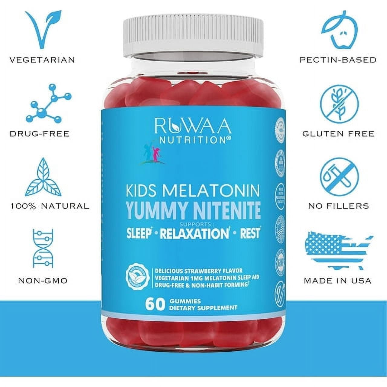 Ruwaa Nutrition Melatonin Gummies for Kids, Natural Sleep Aid, Strawberry Flavor, 60 Count