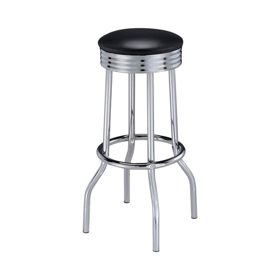 Benjara 30 Inch Round Bar Stool, Set of 2, Ribbed Apron Base, Chrome, Black