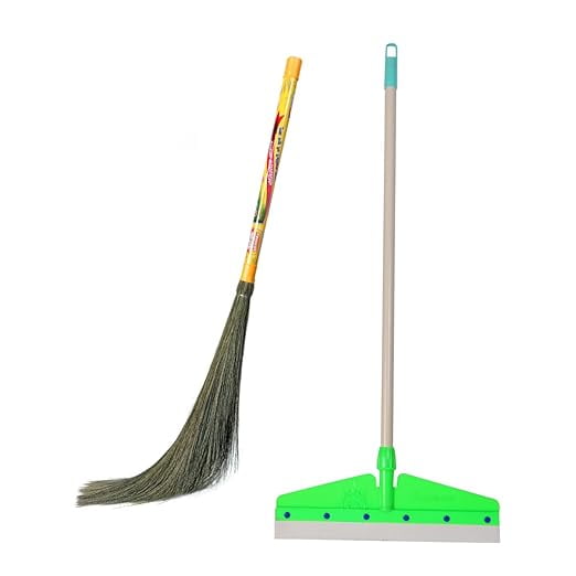 Hari Ram Gulab Rai - Household Wiper Cleaning | Squeegee +1 Phool Jhadu Combo | Plastic Floor Wiper With No Dust Grass Jhadu | Perfect For Kitchen, Balcony, Garage, Bathroom & Office - Yellow