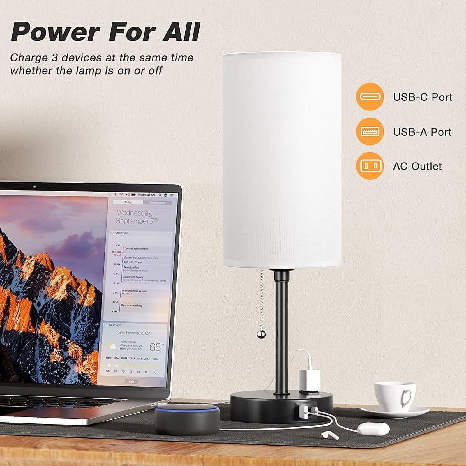 Small Bedside Table lamp for Bedroom - 3 Color Temperatures Bedside Lamps with USB C and A Ports, Pull Chain Table Lamps with AC Outlet, White Nightstand Lamps with Black Metal Base for Kids Reading