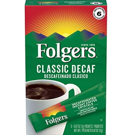 Folgers Classic Decaf Decaffeinated Instant Coffee Crystals, 6 Single Serve Packets (Pack Of 12)