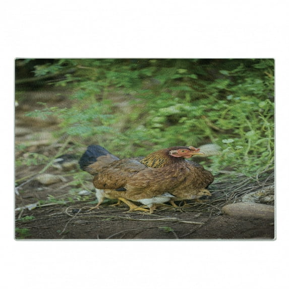 Hen and Chicks Cutting Board, Domestic Animal Mother Chicken on Her Babies with Herbs Blurred Background, Decorative Tempered Glass Cutting and Serving Board, in 3 Sizes, by Ambesonne