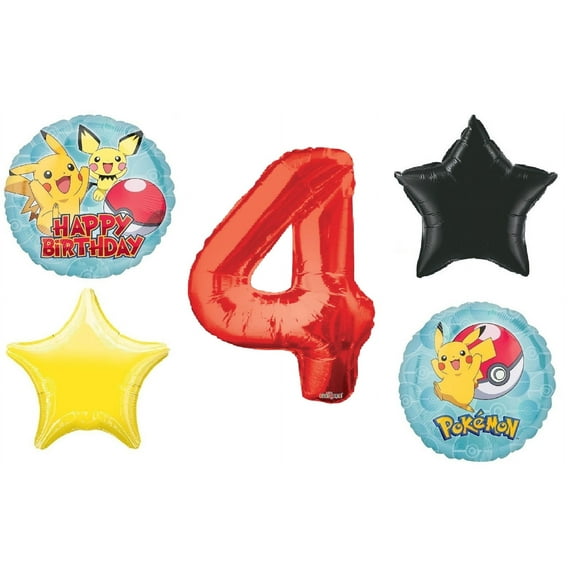 Pokemon Go Pikachu Balloon Bouquet 5 Pieces for a 4th Happy Birthday Party