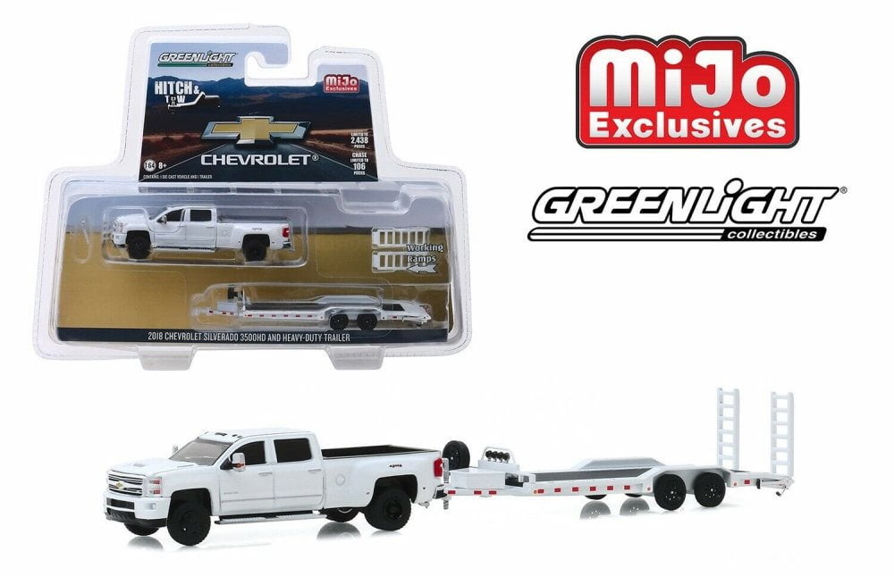 Chevy Silverado 3500 Dually with Flatbed Trailer, White - Greenlight 51306 - 1/64 scale Diecast