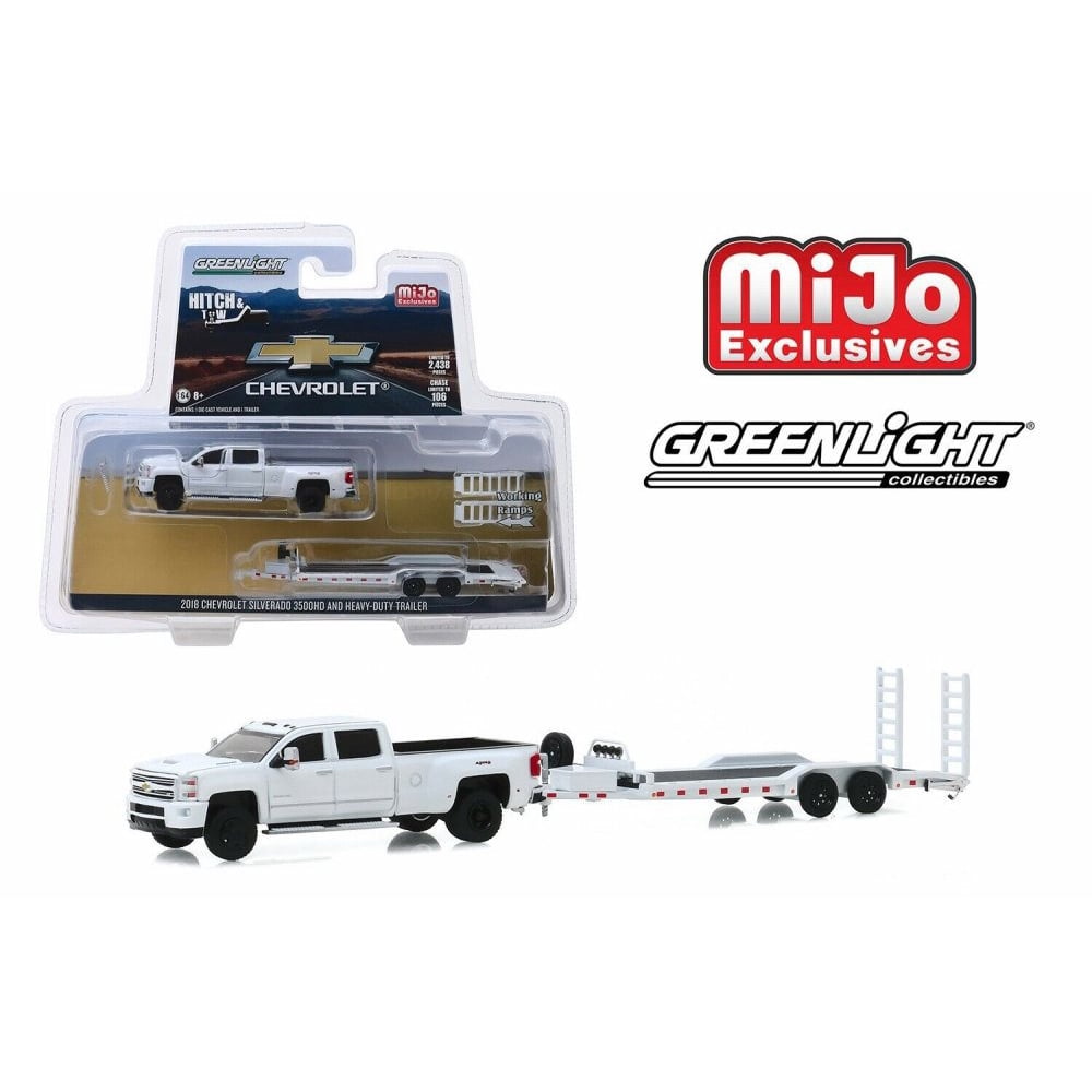 Chevy Silverado 3500 Dually with Flatbed Trailer, White Greenlight
