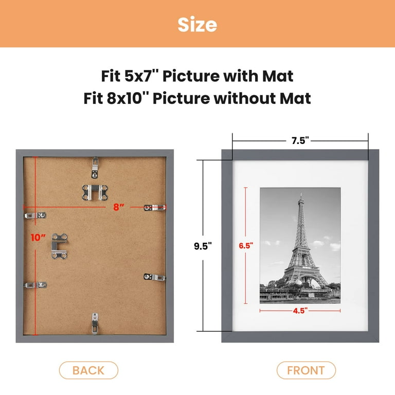 8x10 Picture Frame Set of 5,Display Pictures 5x7 with Mat or 8x10 Without  Mat,Wall Gallery Photo Frames, Dark Gray 