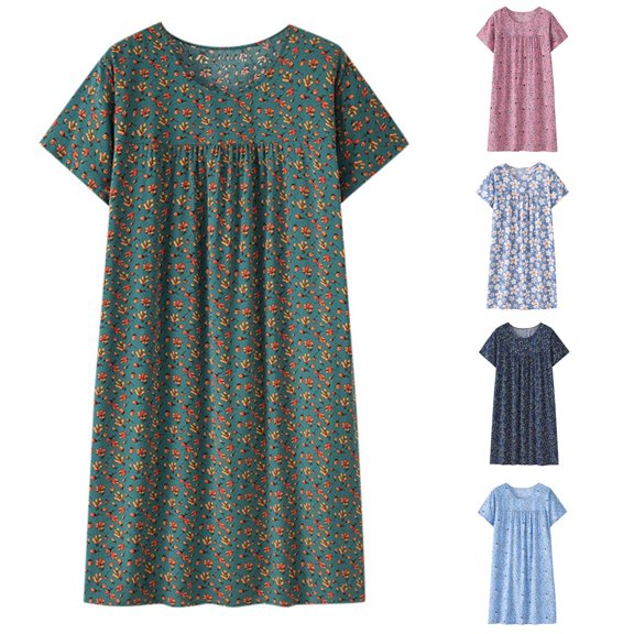 Wxolcjlv Mini Floral Print Dress for Women Short Sleeve Gathered Bust Soft Mid Length Everyday Gown