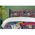thumbnail image 4 of Ambesonne Hipster Duvet Cover Set, Music Themed Hand Drawn Abstract Instruments Microphone Drums Keyboard Stradivarius, Decorative 2 Piece Bedding Set with 1 Pillow Sham, Twin Size, Coral Purple Twin Coral Purple, 4 of 7