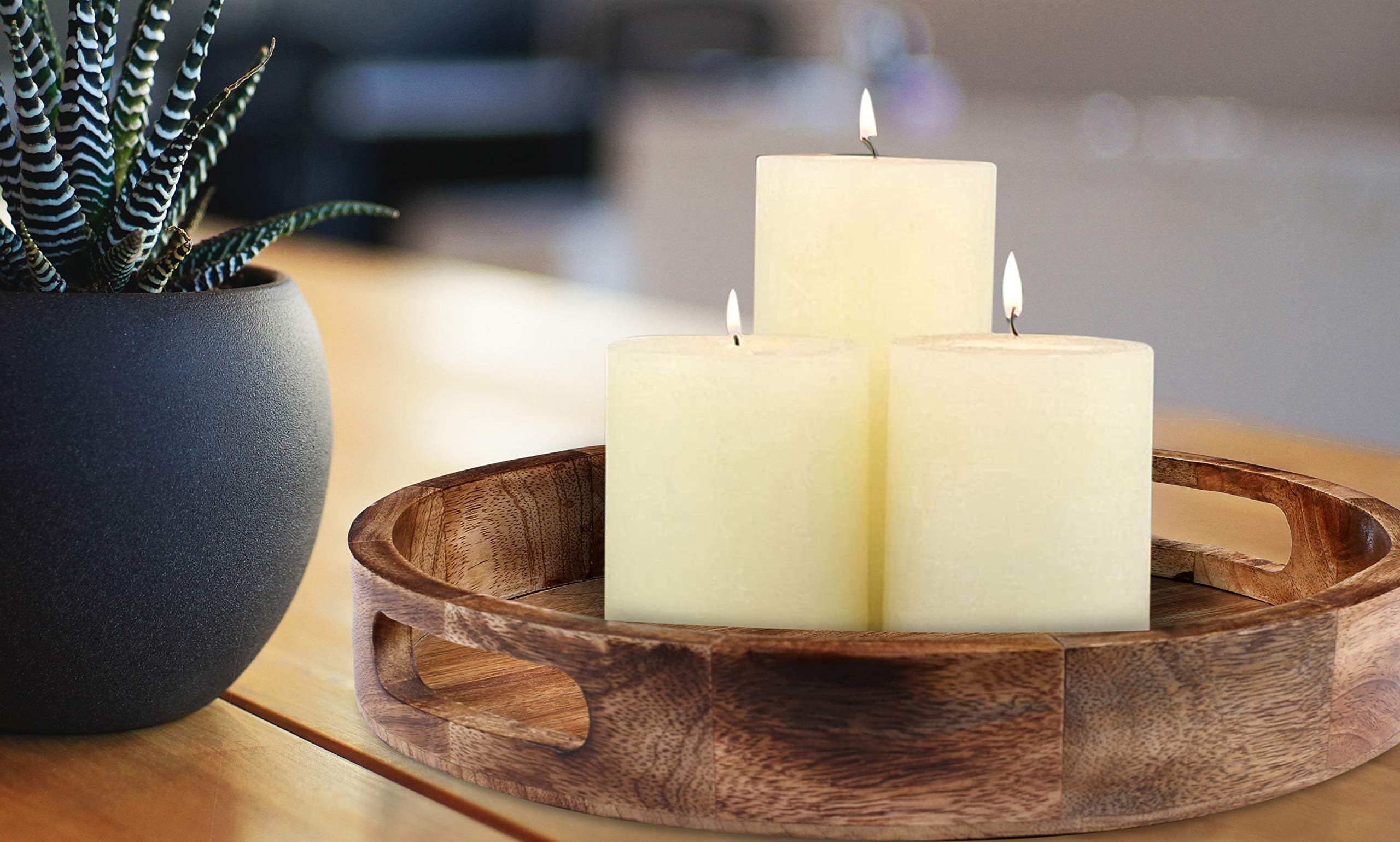 Bedding Craft Natural Burnt Round Wooden Serving Tray Set – Rustic Countertop Fruit Basket Organizer – Natural Wood Decorative Storage, Set of 2, 12x12x1.5 Inch