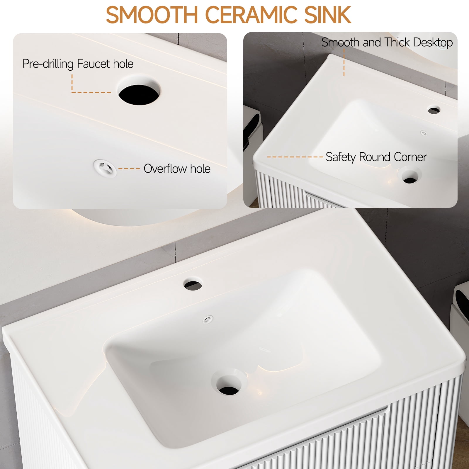 ROGALIS 32" Modern Bathroom Vanity, 2-Drawer, glossy resin Sink, Fluted Design,White