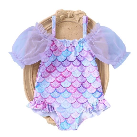 Baby Toddler Mermaid Scale Print One Piece Swimsuit, Tulle Puff Sleeve Ruffle Hem Infant Beach Bathing Suit