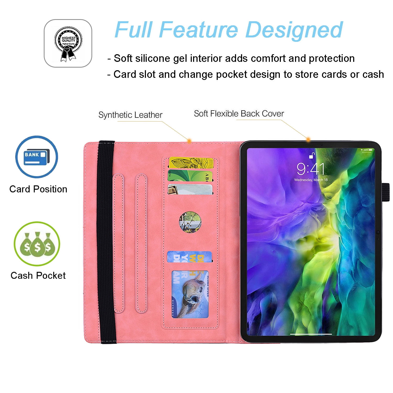Tarise for Apple iPad 10th Generation Case with Pencil Holder, 2022 iPad 10.9 Inch Case, Embossed PU Leather Shockproof Folio Stand Shell Slim Cover Case for iPad A2757 A2777, Pink