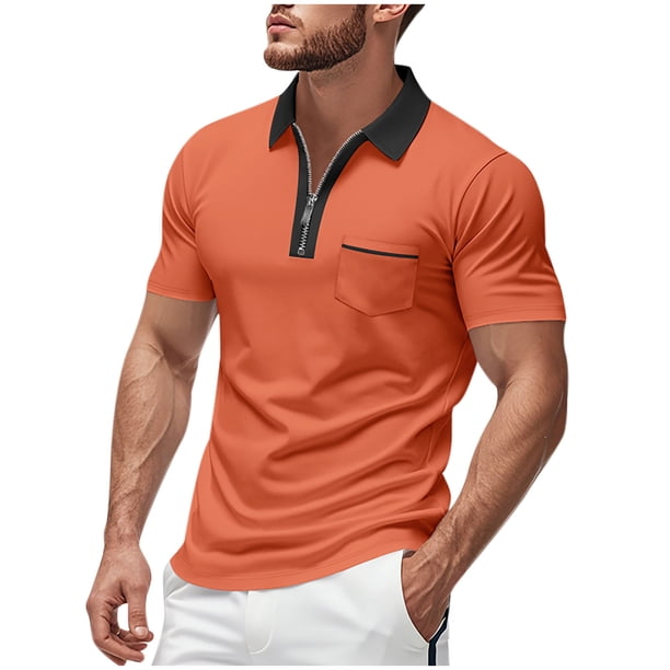 Mens Casual Manga Corta Botón Abajo Camisas, Verano Casual, Cremallera Solapa Bolsillo Turndown Collar Camisa