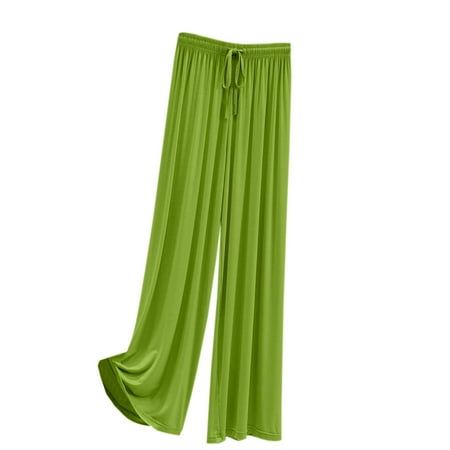 Wyobmus Womens Solid Wide Leg Casual Pants Loose High Rise Straight Leg Modal Trousers Elastic Waist Comfortable Home Loungewear Soft Breathable Long Trousers C-Green