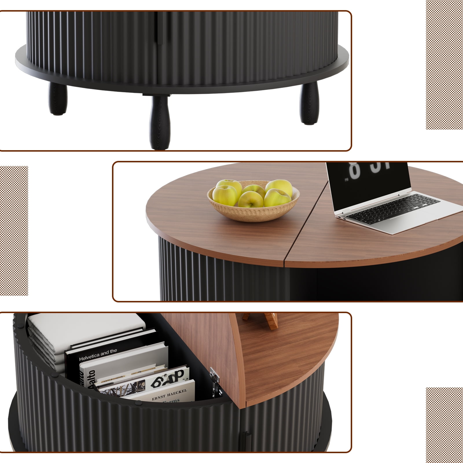 Strafriture Round Coffee Table with Storage, 30.7" Modern Coffee Table with 360° Curved Sliding Door, Fluted Wood Coffee Table with Footpads, Round Center Table for Living Room, Black