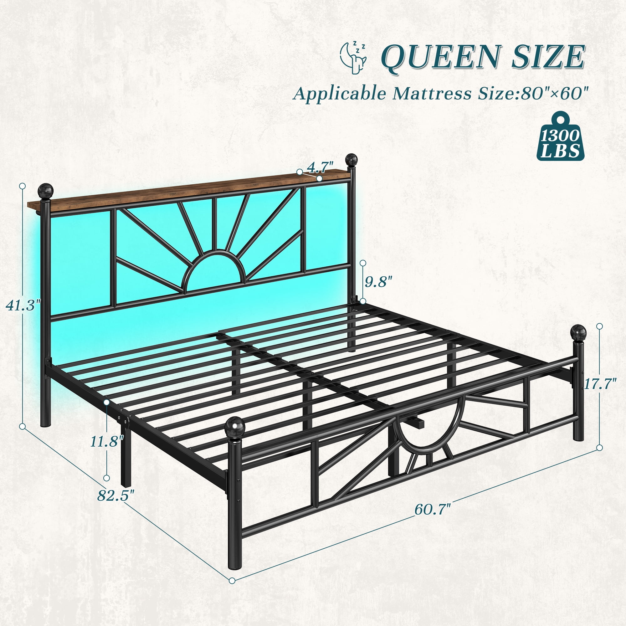 EnHomee Queen Size Metal Bed Frame with Vintage Headboard & Footboard Metal Platform Bed Frame Queen with LED Lights & Storage, Noise Free, Black