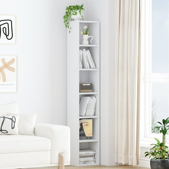 ALISENED 6 Cube Tall Skinny Bookcase, Narrow Organizer Shelf, Wood Corner Bookshelf, Storage Shelves