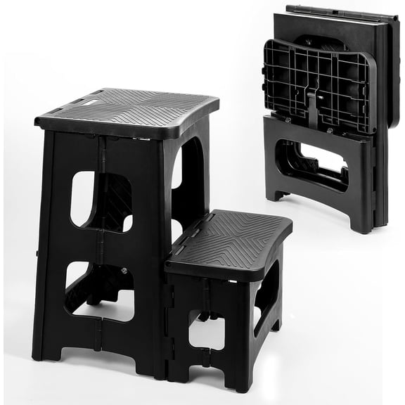 2-Step Stool Foldable, Plastic Steps Stool Folding Step Ladder Two Step Stools Collapsible Step Stools for Adults for Kitchen Home Bathroom RV-Black
