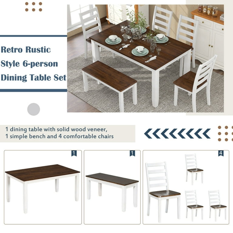 Rustic Style 6 Piece Dining Room Table Set Wooden Dining Table Set