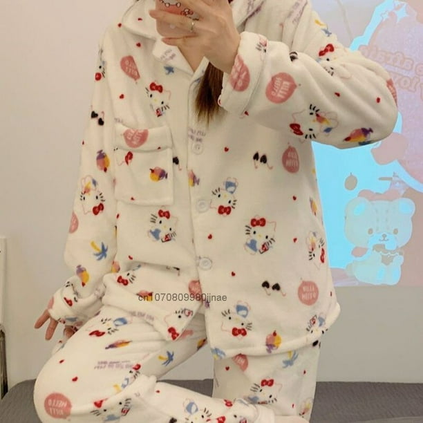 Sanrio Hello Kitty Winter Plush Pajamas Sets Women Kuromi Melody  Cinnamoroll Home Clothes Suits Fashion Sleepwear Cute Pijama