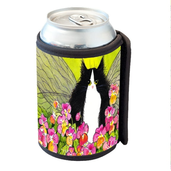 KuzmarK Insulated Drink Can Cooler Hugger - Tuxedo Maine Coon Kitty Fairy with Pansies Cat Art by Denise Every