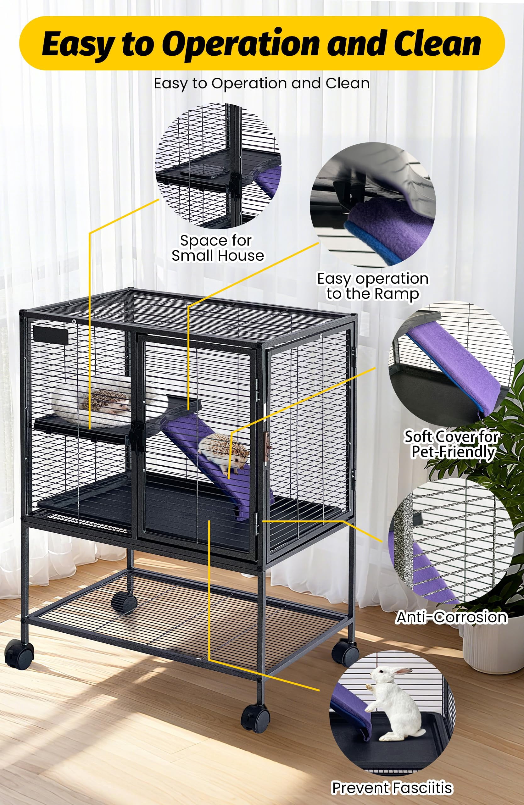 Metal Small Animal Cage,34 ''H Multi-Level Ferret Cage for Small Animals - Large Hamster Cage with Ramp, Extra Storage Stand, RemovableTray for Chinchilla, Rabbit, Guinea Pigs, Hedgehog, Gerbil