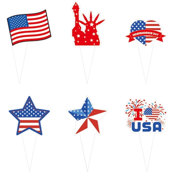 6pcs American Independence Day Cake Topper, American Flag Cupcake Decors Desserts Decorative Inserts For Usa Theme Party Supplies 4th Of July Decorations