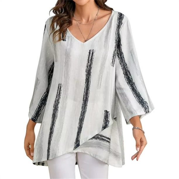 Sonducket Camiseta de mujer Blusa suelta de manga larga Top de rayas con cuello en V de otoño Prendas para la parte del cuerpo Blanco 4XL