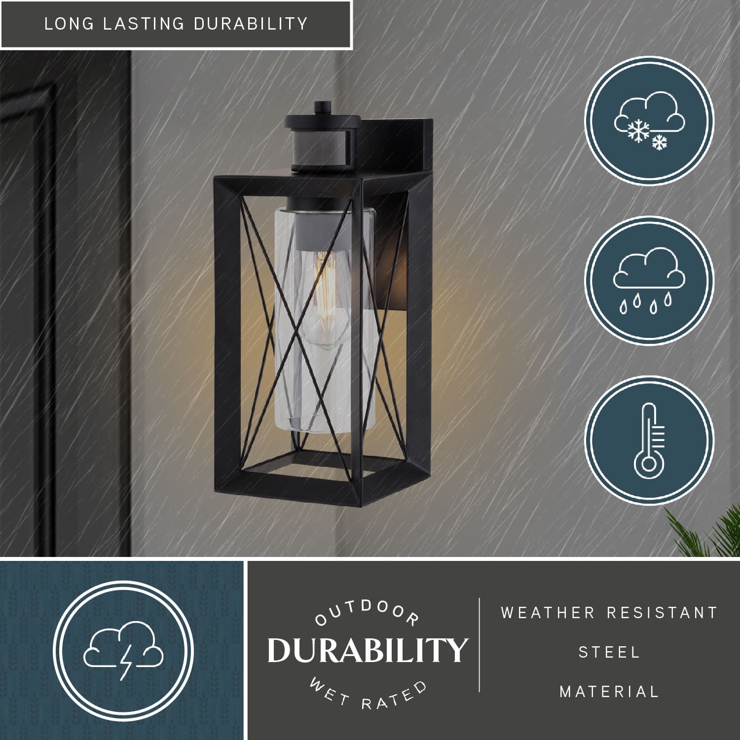 Milton Matte Black Motion Sensor Dusk to Dawn Outdoor Wall Light Transitional Clear Glass