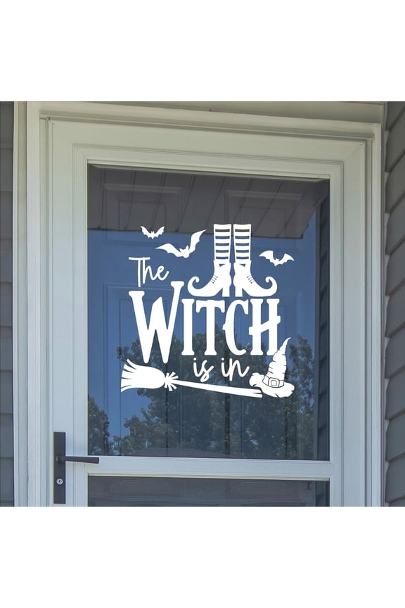 The Witch Is In (boots) with Witch Legs and Shoes Witch Hat and Broom Halloween Decor Vinyl lettering Decal Wall Decals - Size: 16.5"H x 16.5"L - Color: White