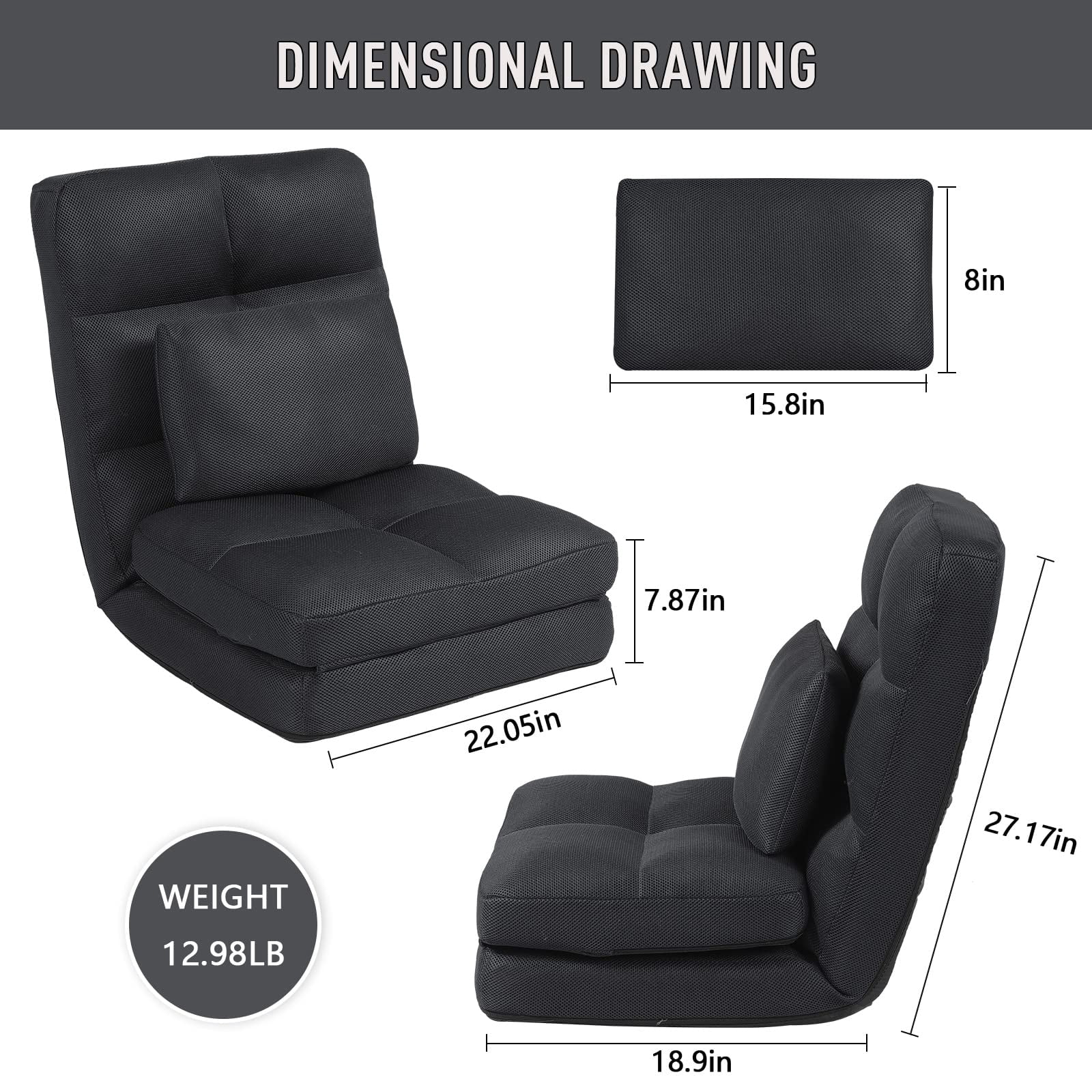 Floor Chair with Back Support for Adults Adjustable 14 Positions Video Game Chairs Foldable Floor Lounger with Pillow