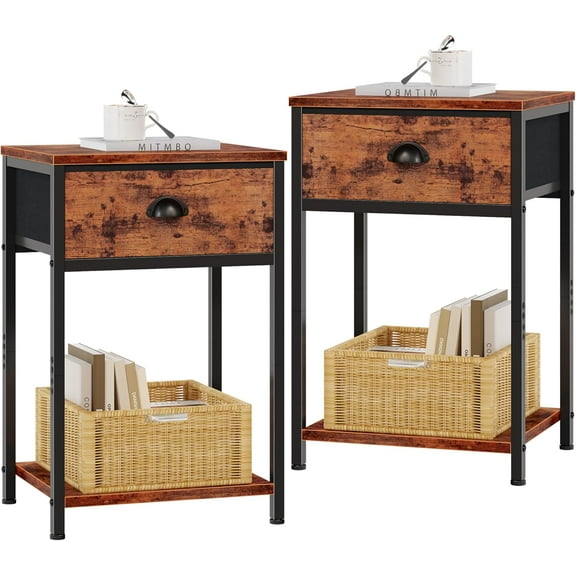 Nightstands Set of 2, Industrial End Table with Fabric Drawer and Storage Shelf, Retro Bedside Tables Organizer, Side Table for Living Room Bedroom, Rustic Brown