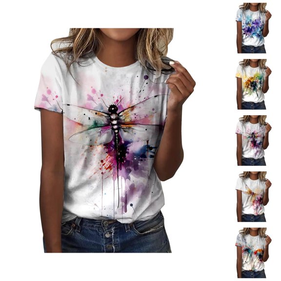 T Shirts for Women 2026 Summer Casual Short Sleeve Crewneck Dragonfly Graphic Tees Tshirts