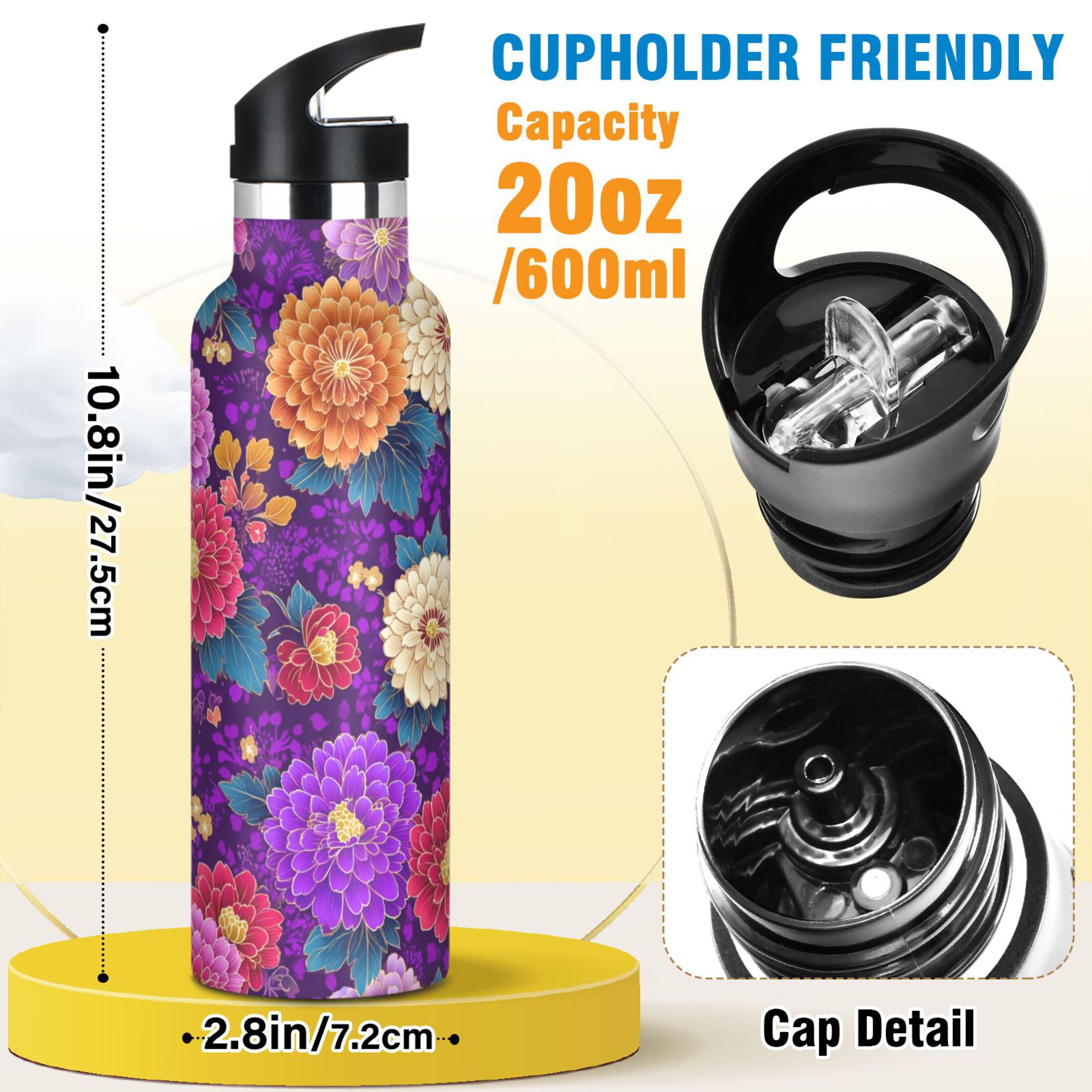600ML Stainless Steel Insulated Cup Sports Water Bottle Portable Thermos Cup Water Glasses Insulated Tumblers Convenient and Durable Japanese Flowers