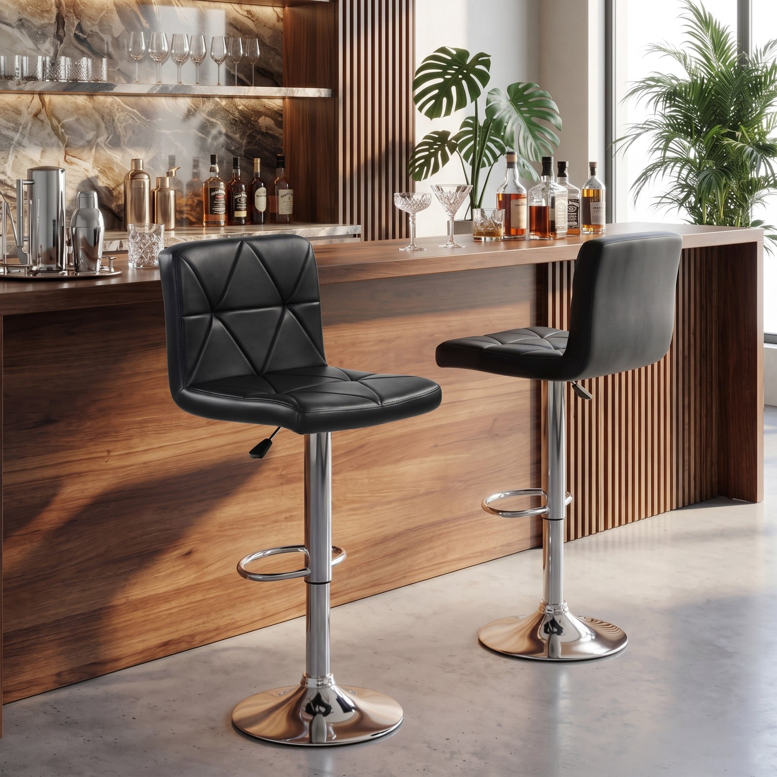 Furnibear Adjustable Swivel Bar Stools Set of 2 with Backrest and Footrest, 360 Degree Swivel Counter Height Barstools, Faux Leather Padded Seat Metal Bar, Black