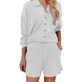 thumbnail image 4 of Pijamas Set Pure Color Loungewear Set Solapa Cuello Camisas Pantalones Cortos Set Ribbed Manga Larga Pantalones Cortos Traje Blanco S, 4 of 6