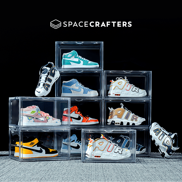 SPACECRAFTERS Stackable Shoe Storage Boxes – 12 Pack, Magnetic Front, Clear Lid, Black
