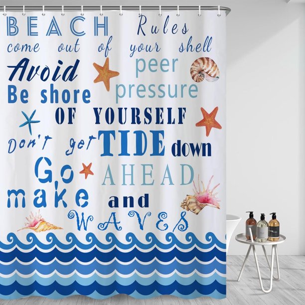 Cortina de ducha de playa azul de 182 x 182 cm, con temática náutica costera, estrellas de mar, conchas marinas, olas, citas inspiradoras, para decoración de baño, tela de poliéster impermeable con