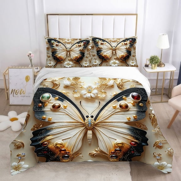 WNOOHIY Rustic Butterfly Flower Design 3Pcs Duvet Cover Set with Pillowcases, Queen/King