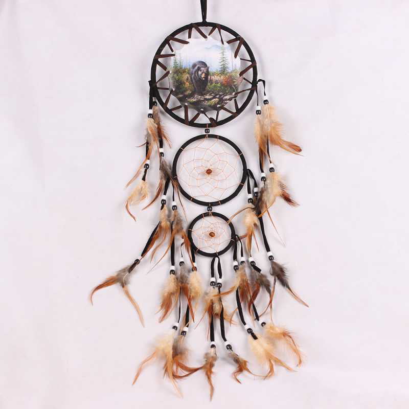 Handmade Wolf Pattern Feather w/ Beads Dream Catcher Wall Hanging Decor 