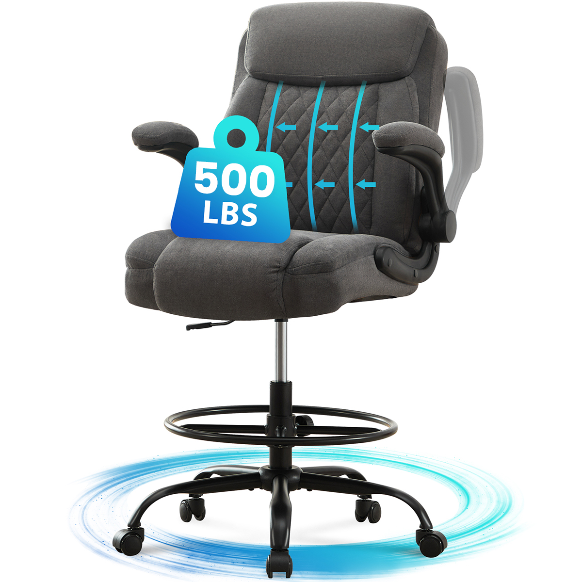 JONPONY Tall Office Chair for Standing Desk, Ergonomic High Office Chair with Adjustable Foot Ring, Flip-Up Armrests, Lumbar Support for Home office ,Dark Gray