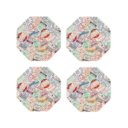 

Pofeuu Passport Stamp Print Coasters for Drinks 4Pack PU Leather Coasters Bar Drink Coasters for Tabletop Protection Furniture from Damage-Octagon