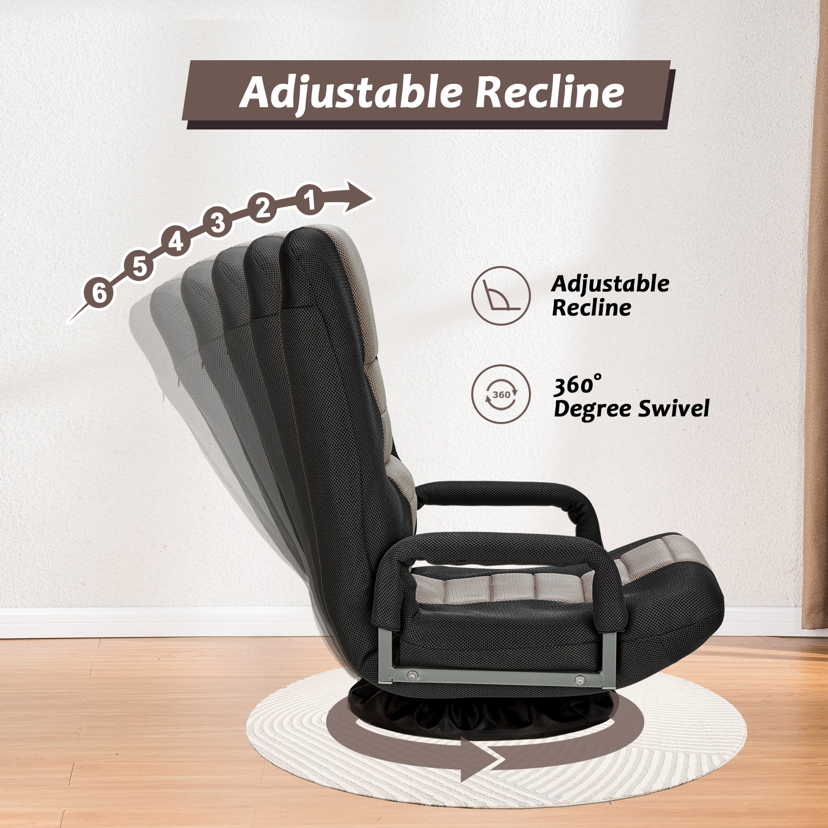Avocahom Swivel Gaming Floor Chair w/ Armrest Handles, No Assembly gaming chair rocker, Folding Reclining Sofa w/6 Position Adjustable Backrest for Video Games, Watching TV, Reading,Gray