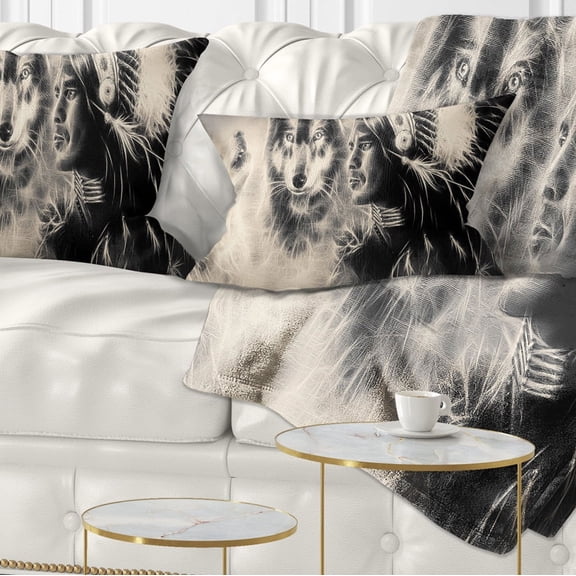 Designart Indian Warrior with Wolves - Abstract Throw Pillow - 12x20