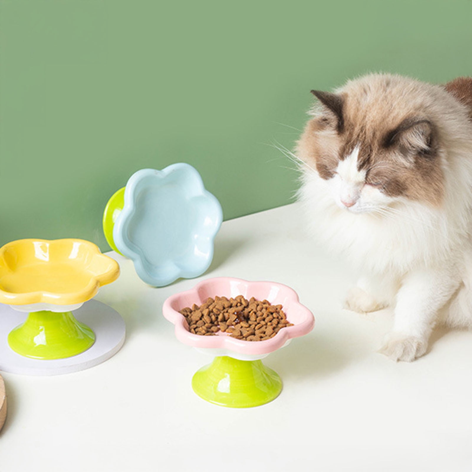 YIFAEUX Ceramic Raised Cat Bowls Flower Design Elevated Cat Food Water Bowl Small Cat Feeding Dish for Cats Small Dogs